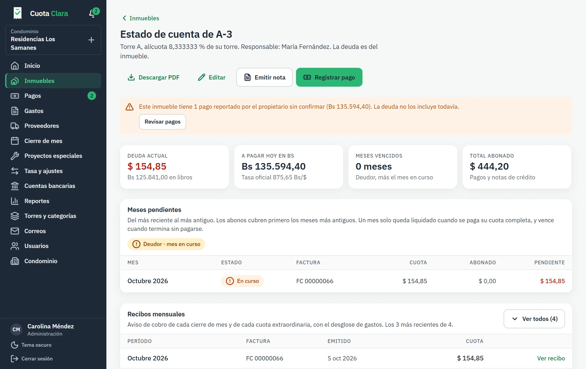 Estado de cuenta de un inmueble con su libro en dólares y bolívares