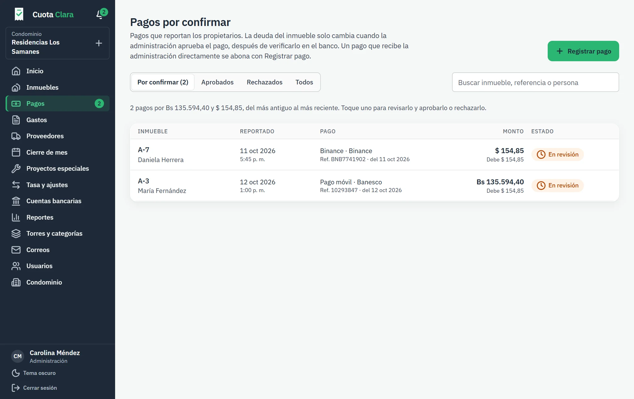Bandeja de pagos reportados por los propietarios, por confirmar