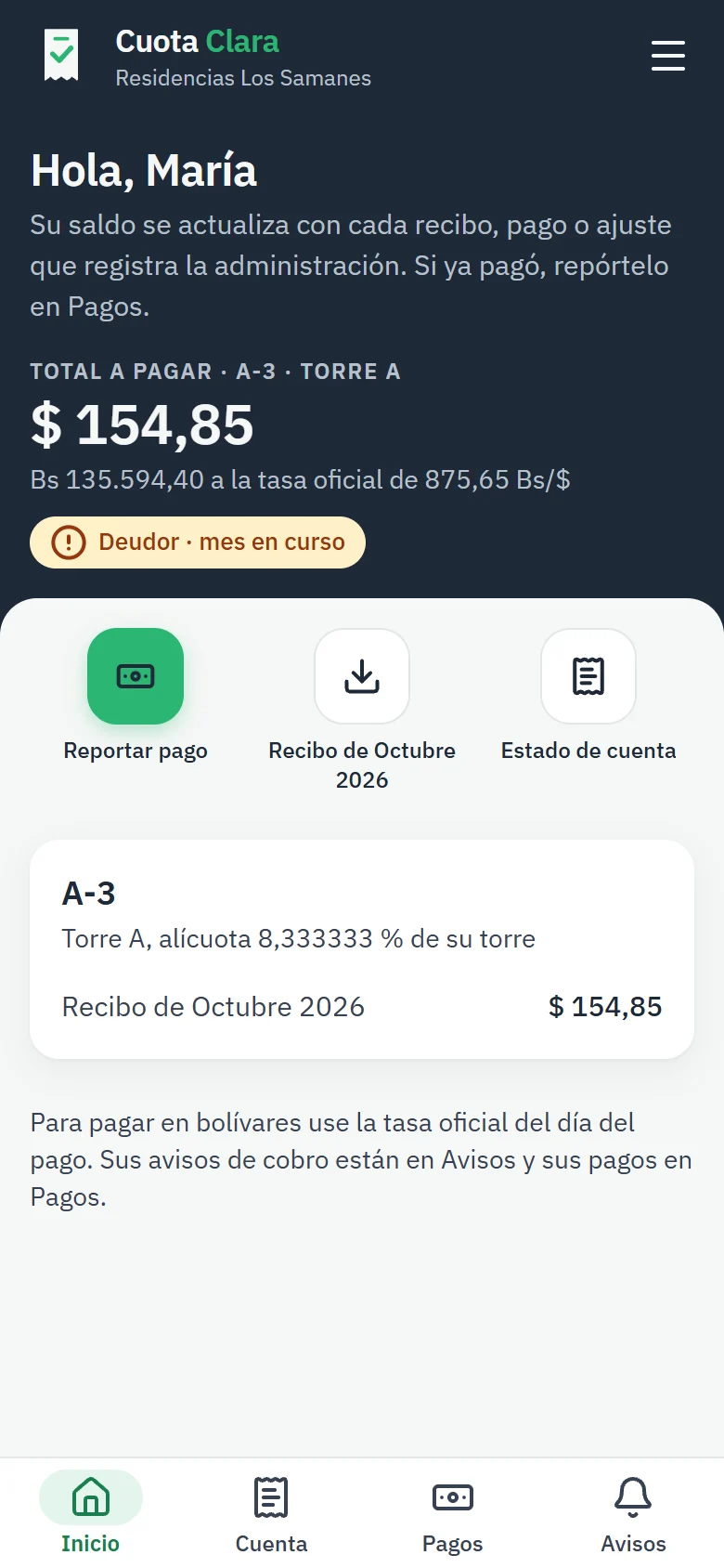 La cuenta de un propietario en el teléfono: total a pagar en dólares y en bolívares
